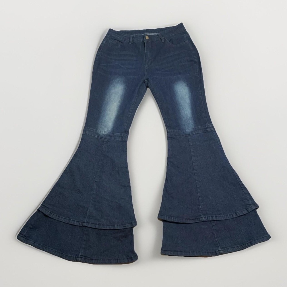 Plus Sz 1X Stretchy Fitted High Waist Layered Bell Bottom Hippie Blue Jeans Y2K - Picture 3 of 11